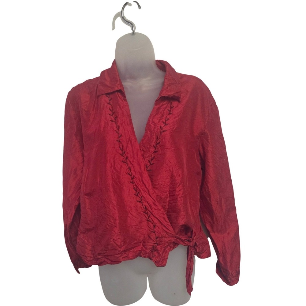 Coldwater Creek Red 100% Silk Embroidered Wrap Blouse Long Sleeve Top Size 10